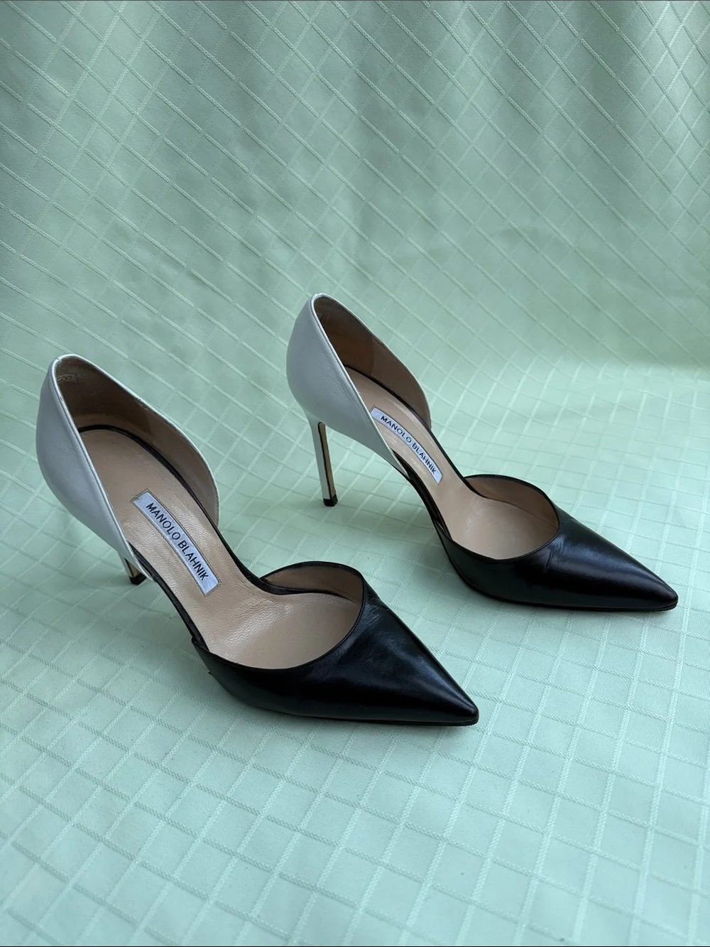 Manolo Blahnik Black and White Pointed D'Orsay Stiletto Pumps in the Box